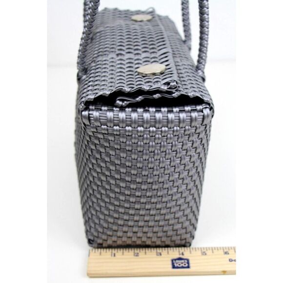 HANDCRAFTED BRAIDED SILVER GRAY PLASTIC BASKET SATCHEL SHOULDER BAG HANDBAG - Picture 9 of 9